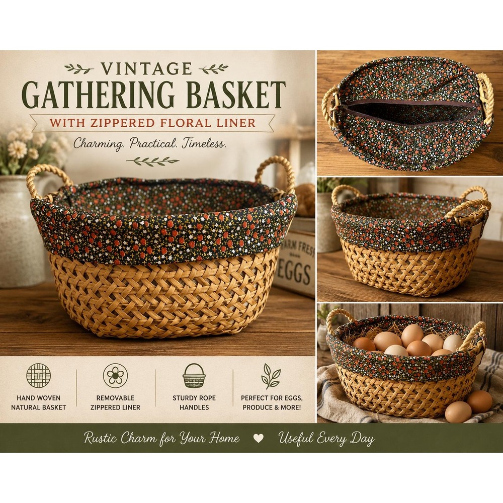 VTG Woven Egg Gathering Basket w Zippered Floral Liner Rope Handles Farm Decor